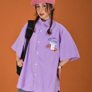 Colorful Candy Color Short Sleeve Shirt for Couples - Versatile Loose Fit Half Sleeve Top - Trendy Multi-Dopamine Style