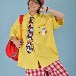 Colorful Candy Color Short Sleeve Shirt for Couples - Versatile Loose Fit Half Sleeve Top - Trendy Multi-Dopamine Style