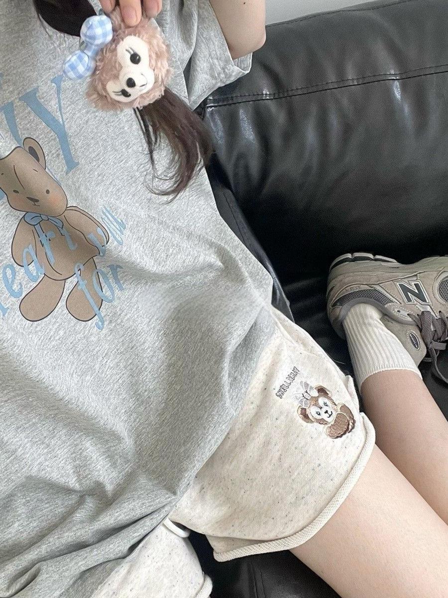 Colorful Cotton Embroidered Bear Shorts for Girls - Summer Loose-Fitting Five-Point Sports Pants for Junior High & High School Students