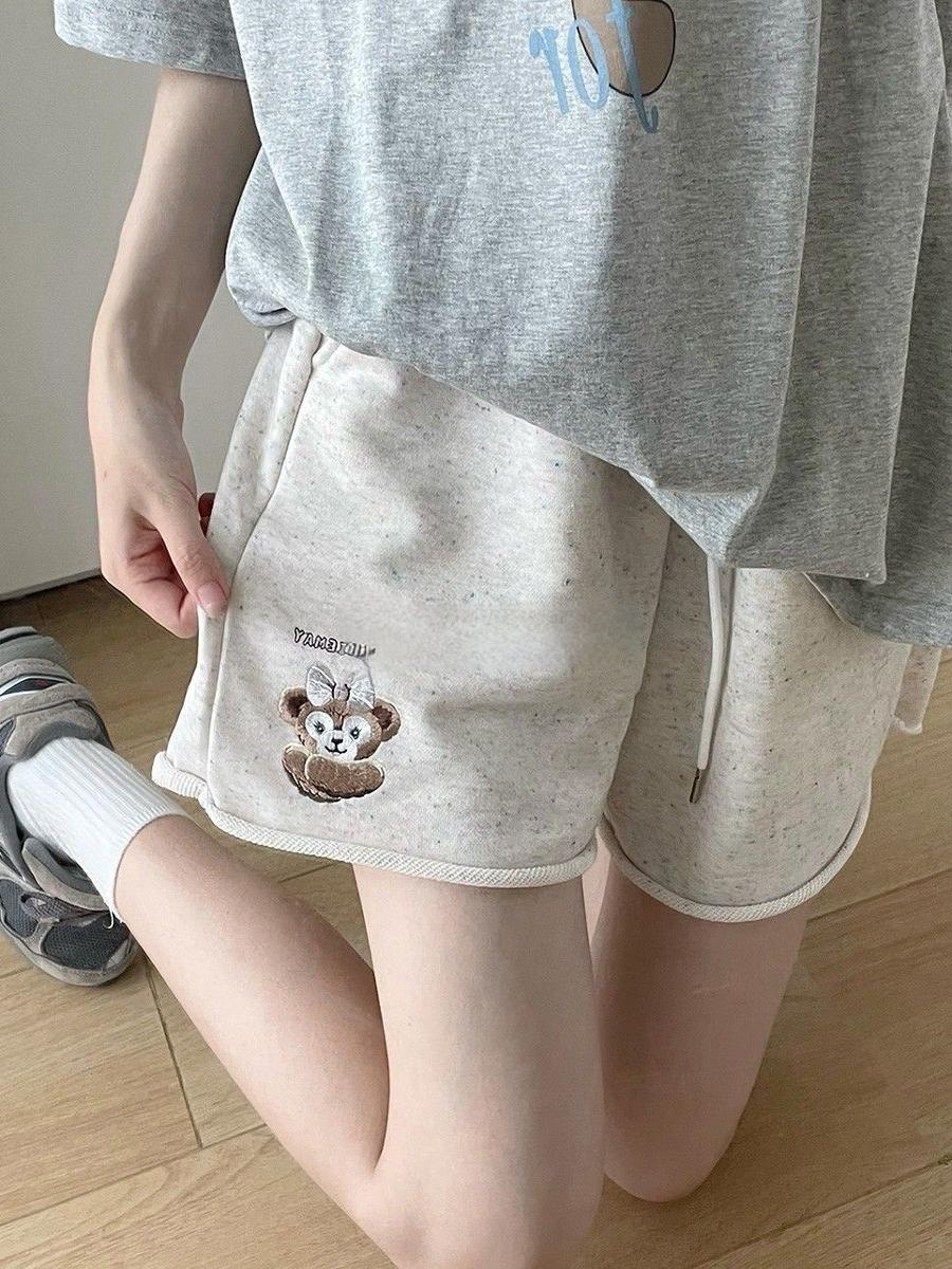 Colorful Cotton Embroidered Bear Shorts for Girls - Summer Loose-Fitting Five-Point Sports Pants for Junior High & High School Students