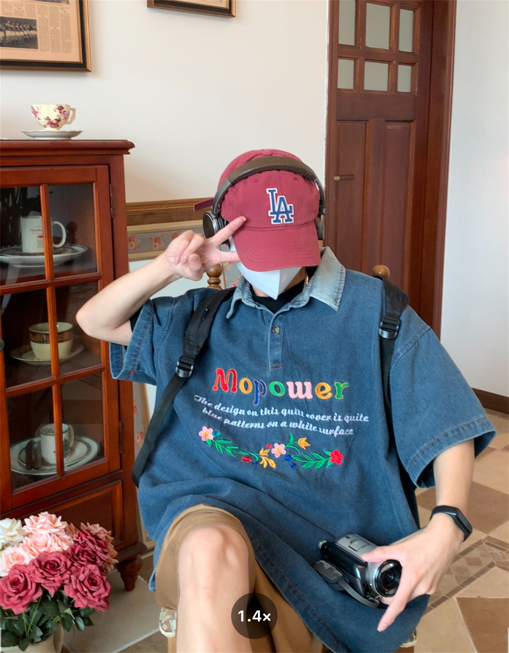 Colorful Letter Embroidered Denim Polo Shirt - Retro 90s Style Turn-Down Collar, Loose BF Fit, Casual Short Sleeve for Summer 2024