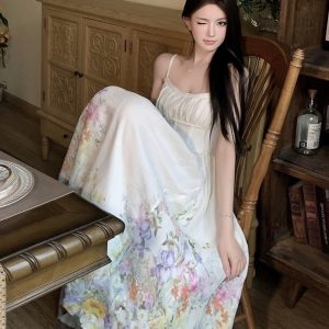 Colorful Rainbow Handmade Tailored Heavy Print Strap Dress with Waist-Cinching Slimming Long Skirt - Boho Style, Summer Fashion