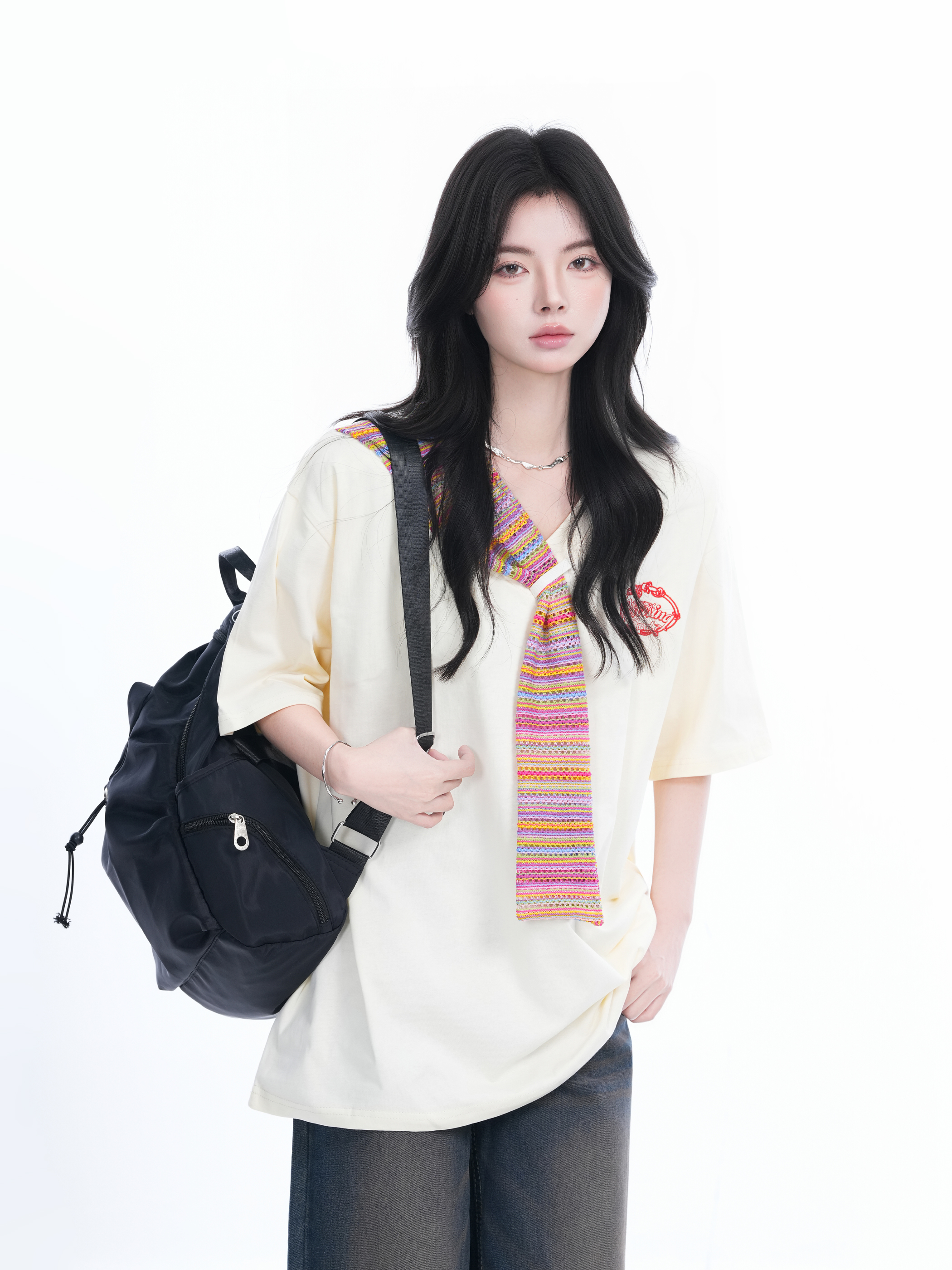 Colorful Spliced Apricot Short Sleeve T-Shirt for Women, Loose Fit, Half Sleeves, Trendy Y2K Style