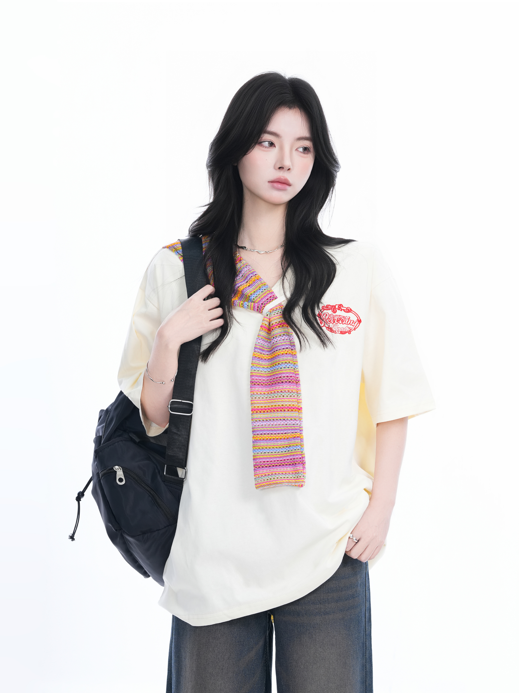 Colorful Spliced Apricot Short Sleeve T-Shirt for Women, Loose Fit, Half Sleeves, Trendy Y2K Style