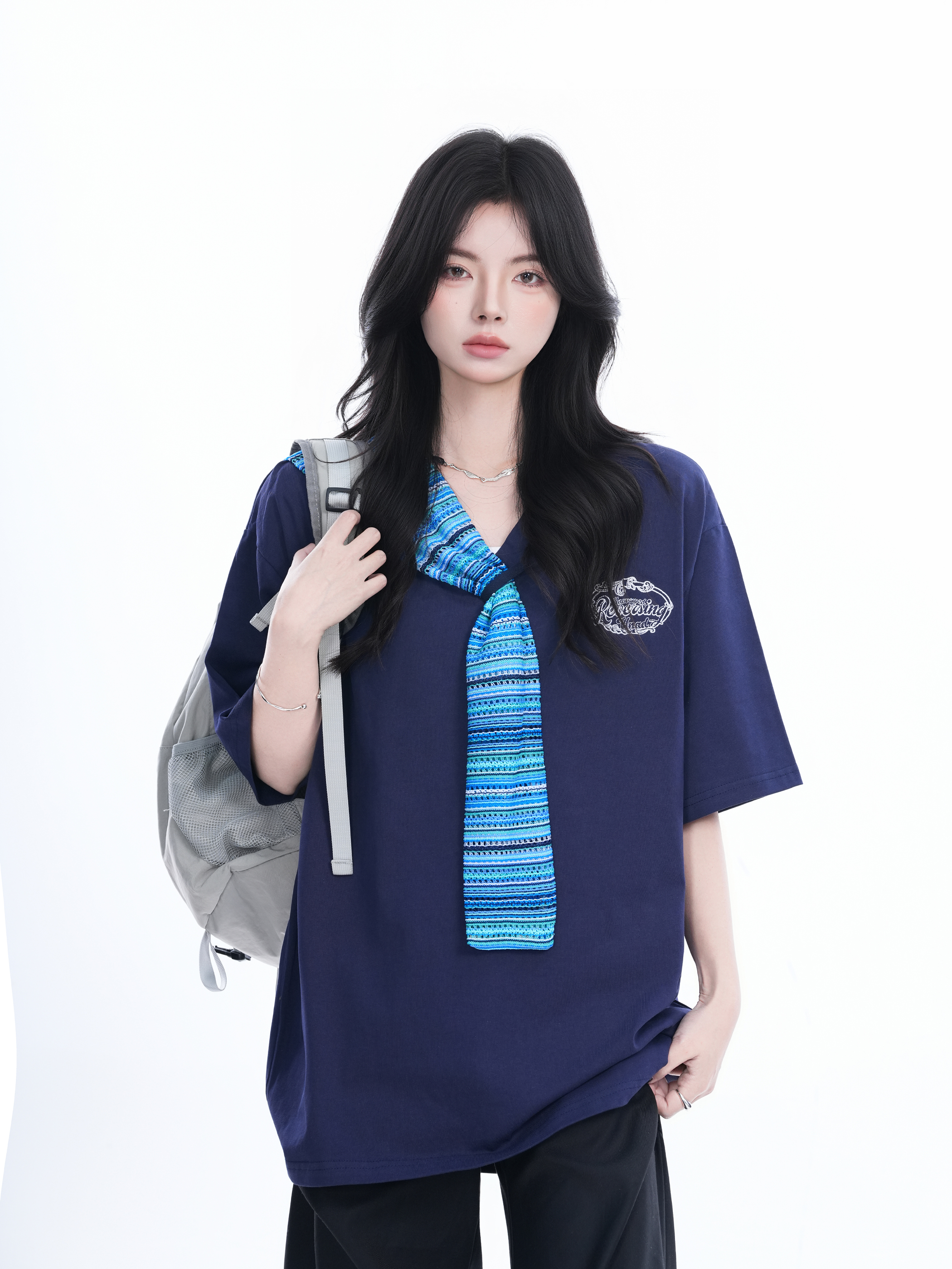 Colorful Spliced Apricot Short Sleeve T-Shirt for Women, Loose Fit, Half Sleeves, Trendy Y2K Style