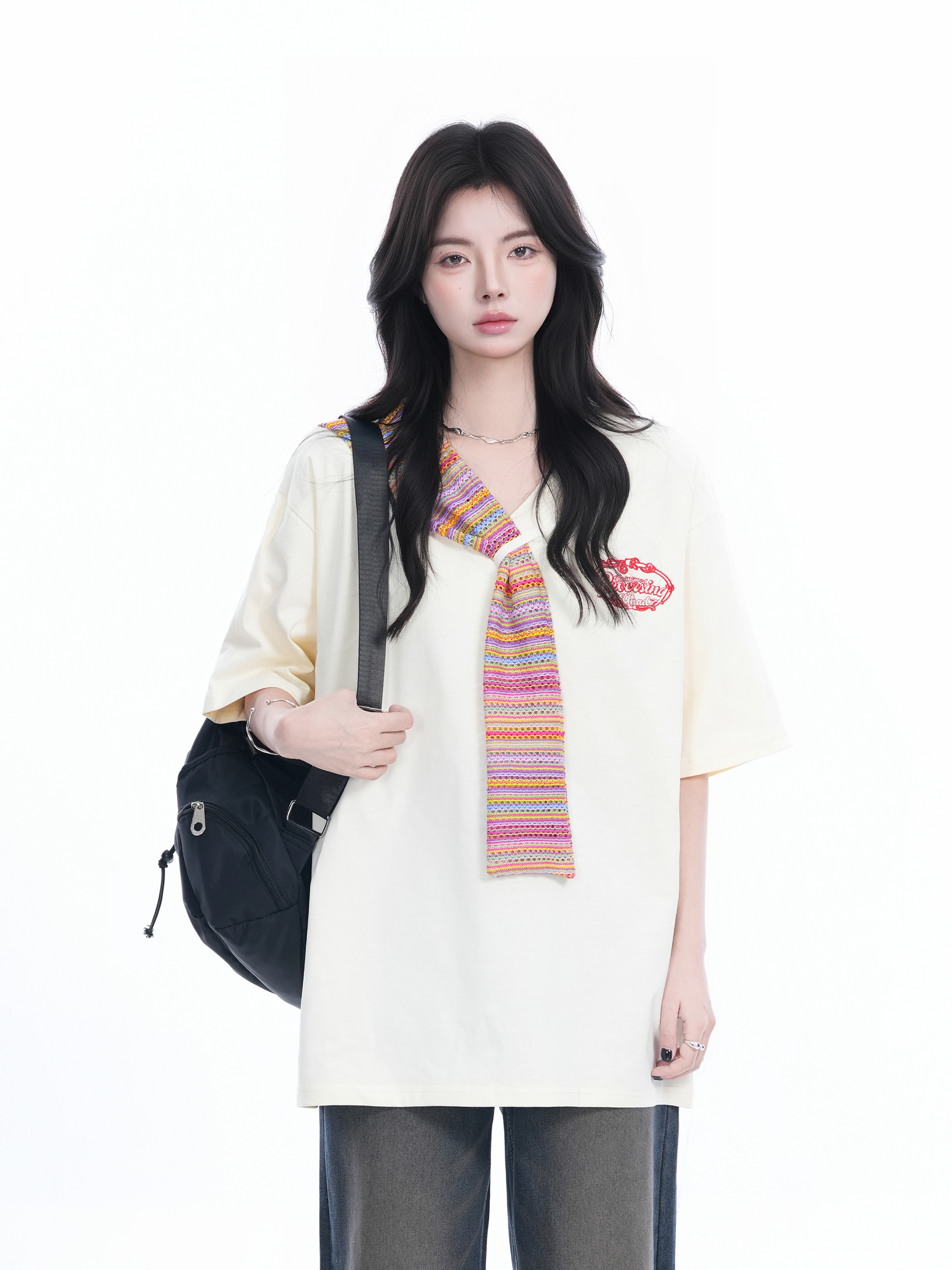 Colorful Spliced Apricot Short Sleeve T-Shirt for Women, Loose Fit, Half Sleeves, Trendy Y2K Style