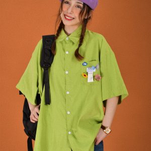 Colorful Versatile Short Sleeve Shirt for Couples - Loose Fit Candy Color Half Sleeve Top - Trendy Casual Streetwear
