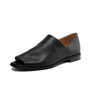 Comfortable Black Peep-Toe Flat Sandals for Women - Soft Sole Casual Summer Shoes 2025, Trendy Sheepskin Design