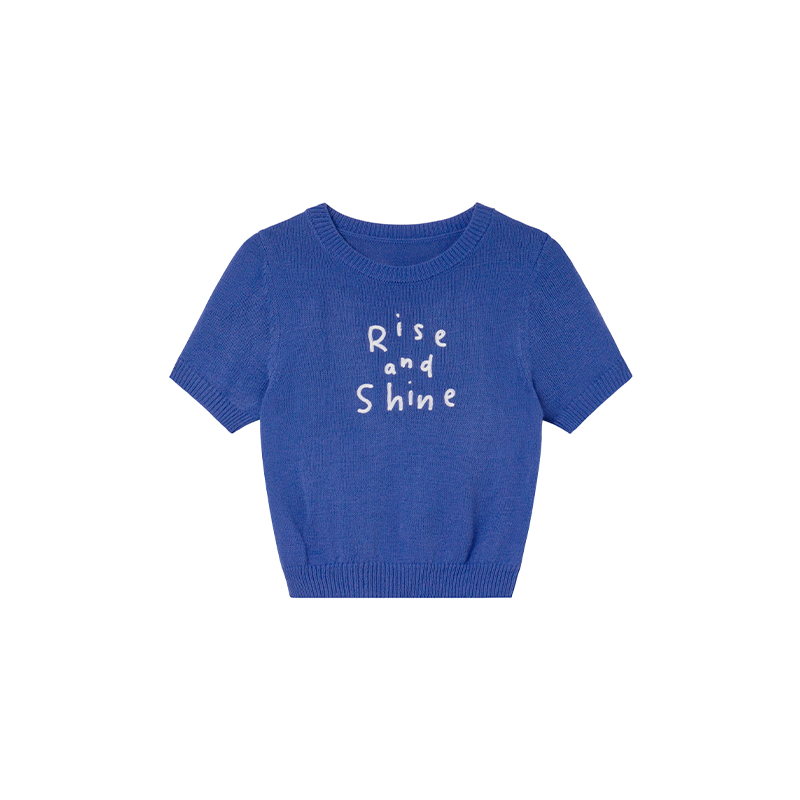 Contrast Color Letter Embroidery Short-Sleeve Knitted Top for Women - Spring/Summer 2023, Slightly Loose Fit T-Shirt