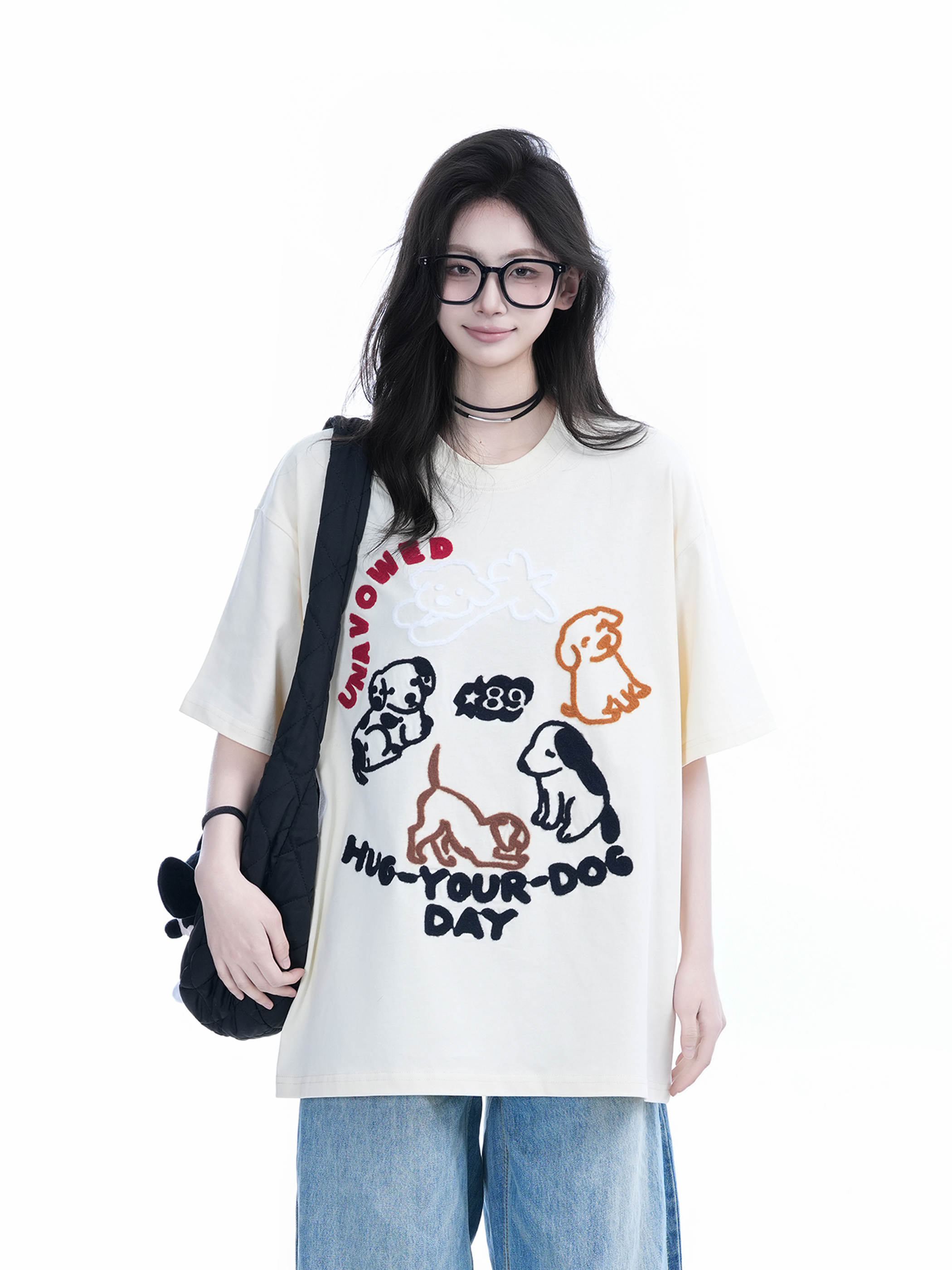 Cute Cartoon Dog Embroidered Short-Sleeve T-Shirt for Women - Summer Loose Pure Cotton Tee, Trendy 90s Style
