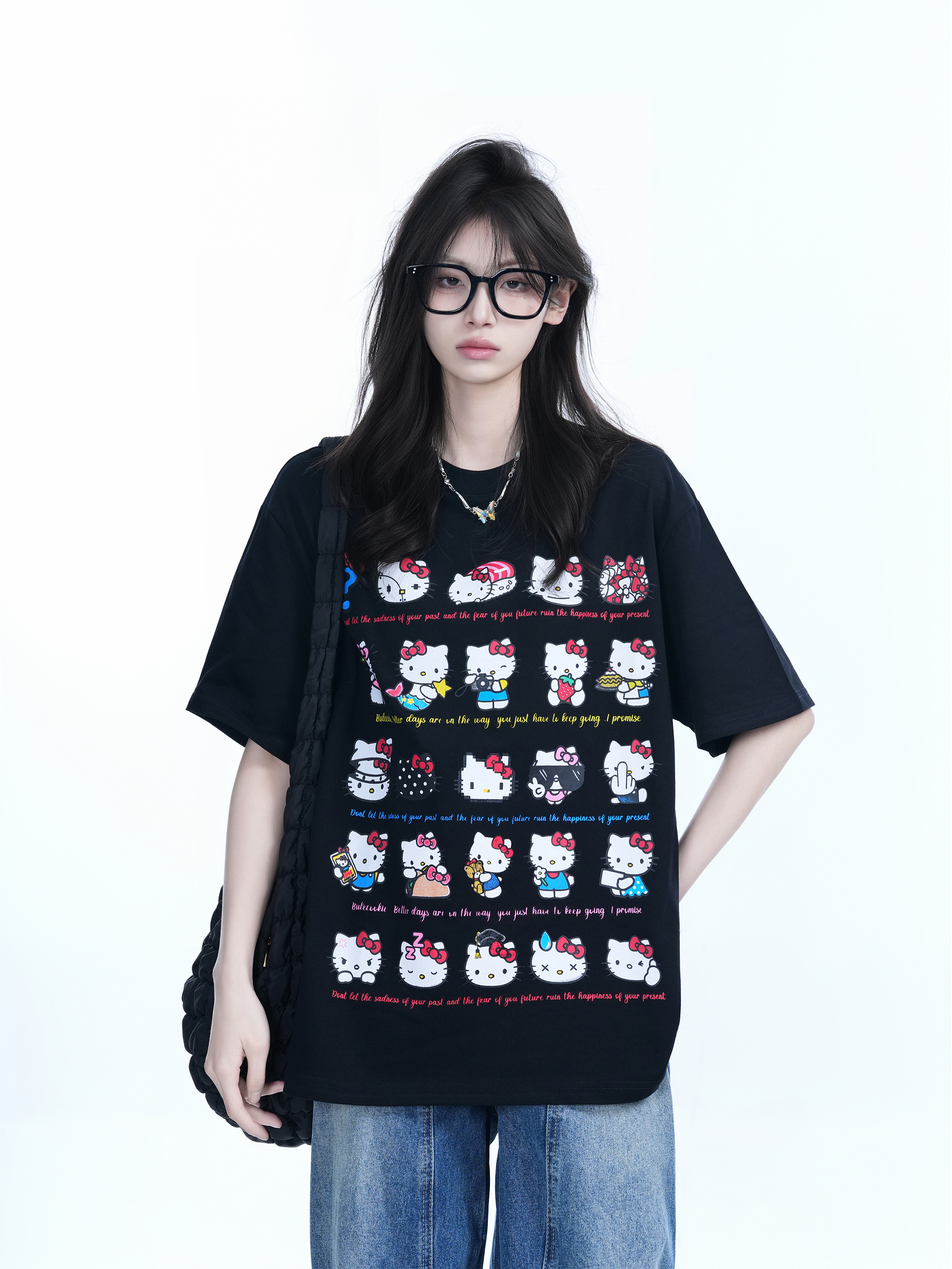 Cute Kitty Cat Graphic Black Short Sleeve T-Shirt for Women - Summer Heavy Loose Fit, Casual Style, Perfect for Y2K Fashion