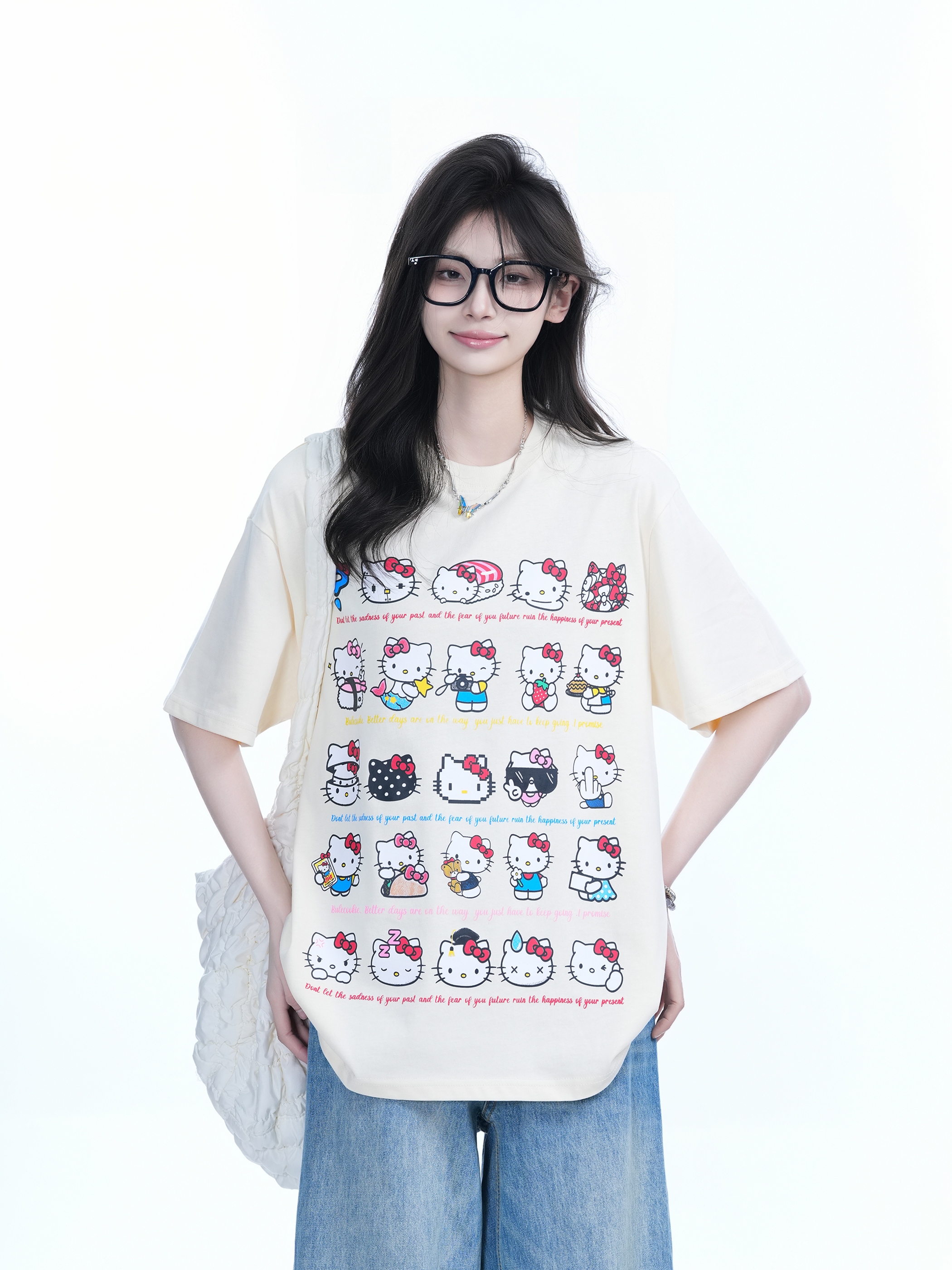 Cute Kitty Cat Graphic Black Short Sleeve T-Shirt for Women - Summer Heavy Loose Fit, Casual Style, Perfect for Y2K Fashion