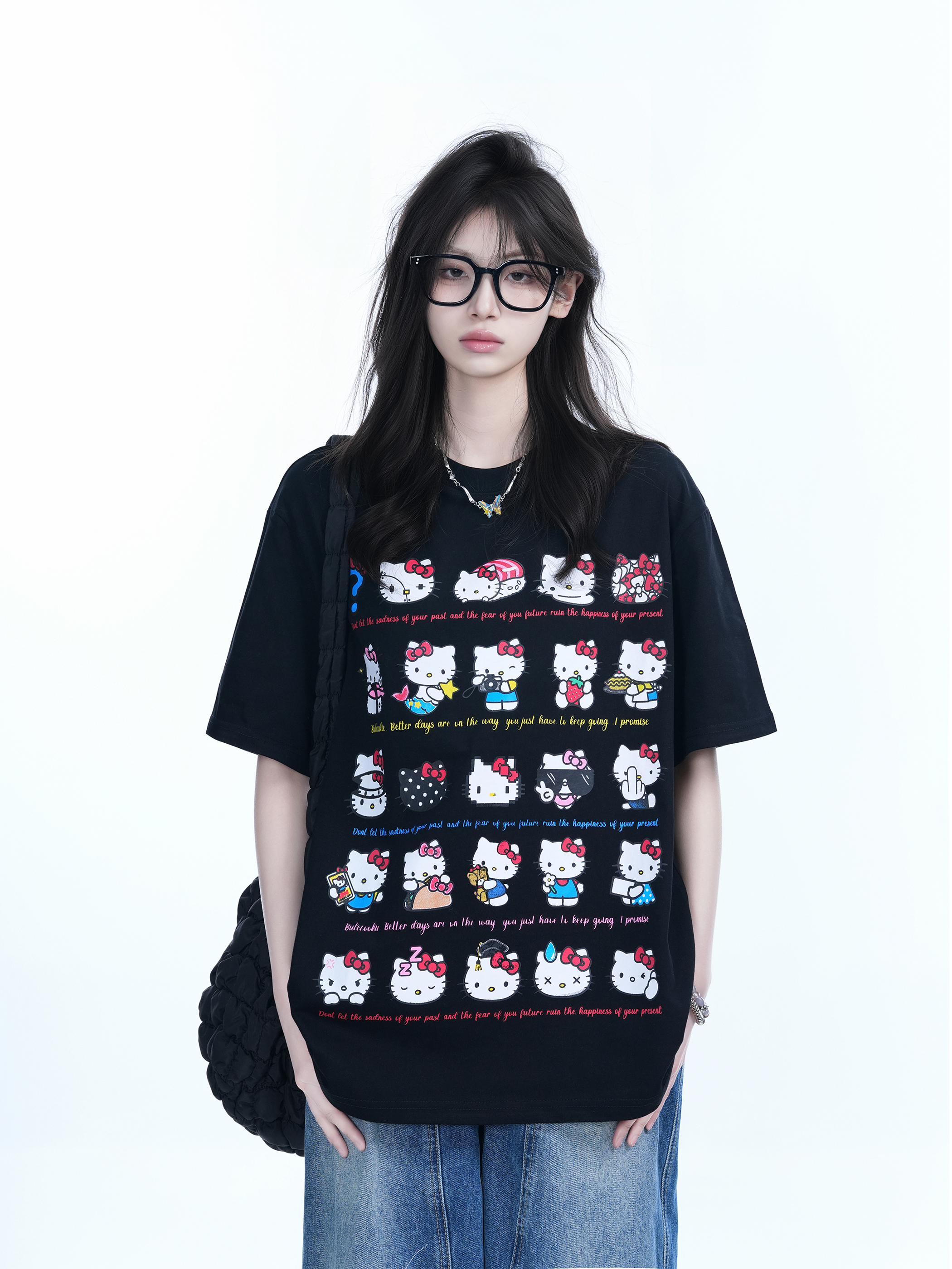 Cute Kitty Cat Graphic Black Short Sleeve T-Shirt for Women - Summer Heavy Loose Fit, Casual Style, Perfect for Y2K Fashion