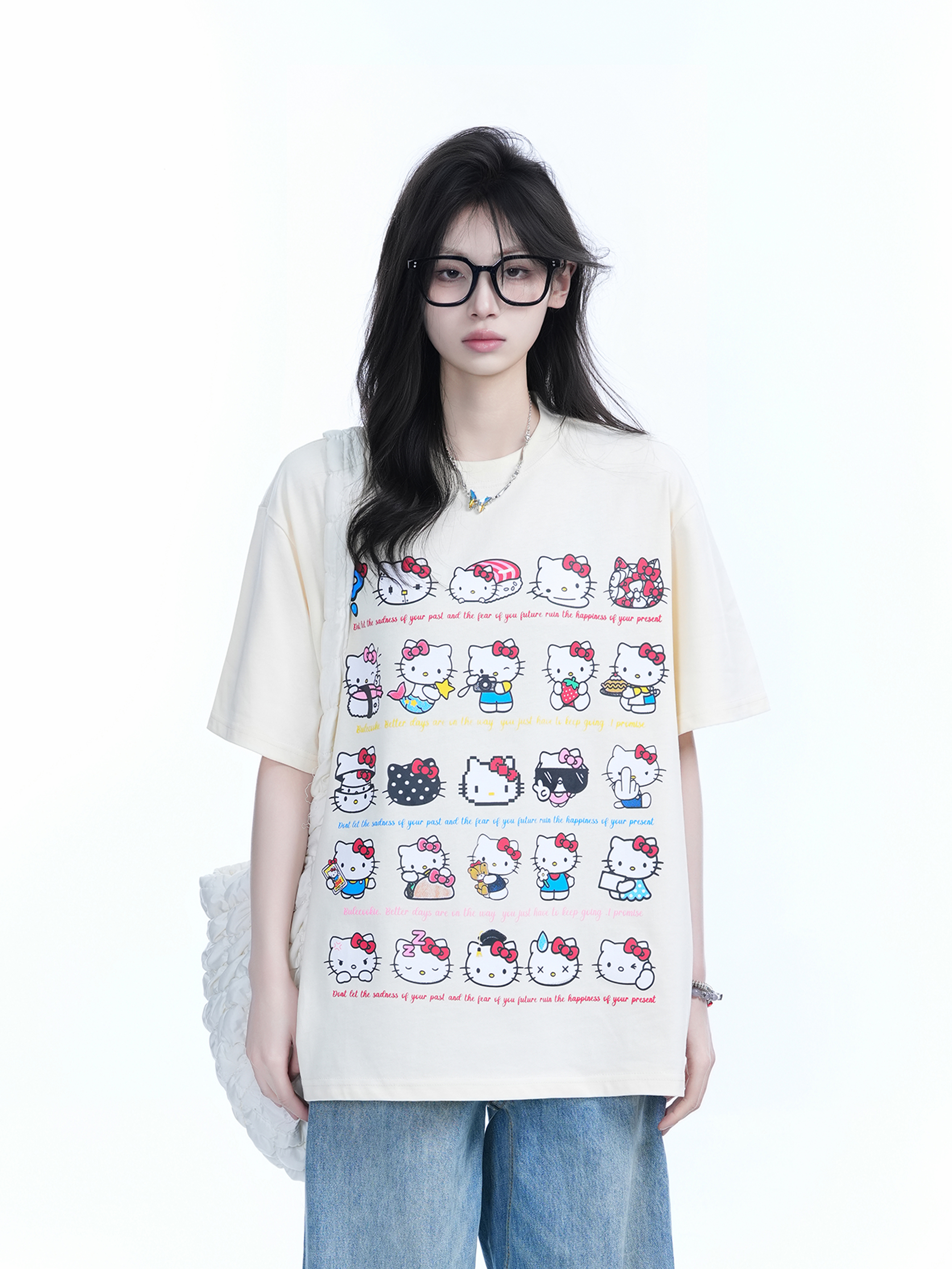Cute Kitty Cat Graphic Black Short Sleeve T-Shirt for Women - Summer Heavy Loose Fit, Casual Style, Perfect for Y2K Fashion