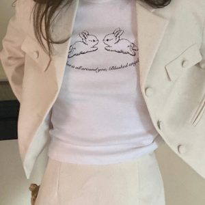 Cute Rabbit Print Slim Fit Short Sleeve Cotton T-Shirt for Women - Korean Niche Design, Heavyweight Fabric, Trendy Style