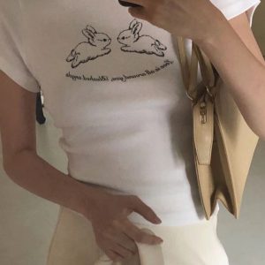 Cute Rabbit Print Slim Fit Short Sleeve Cotton T-Shirt for Women - Korean Niche Design, Heavyweight Fabric, Trendy Style