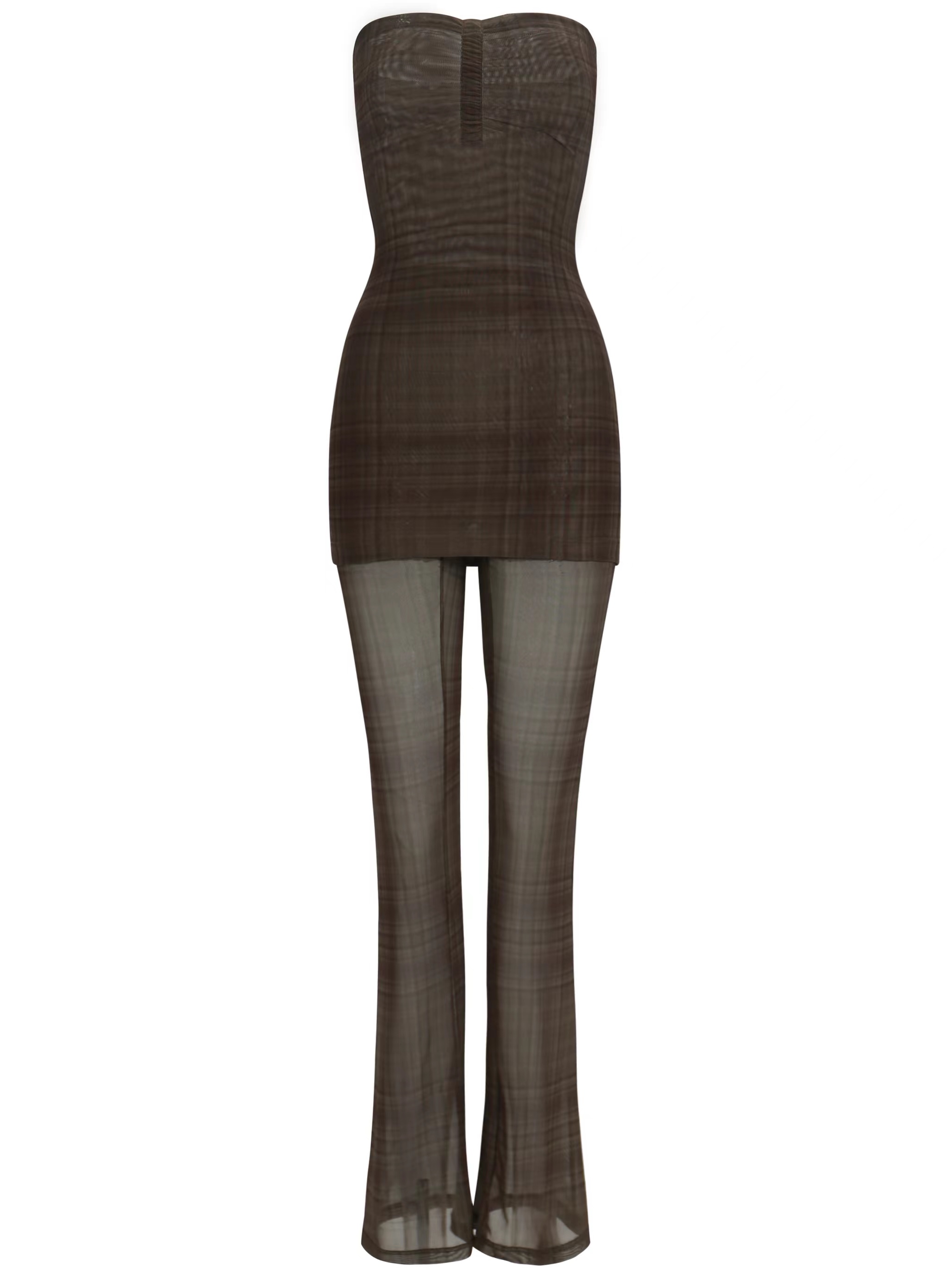 Dark Brown Plaid Vintage Fitted Strapless Jumpsuit - 90s Inspired Fashion Statement Piece