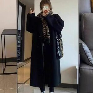 Dark Gray Reversible Cashmere Coat for Women - 2024 Autumn Winter Loose Fit Petite High-End Casual Wool Outerwear