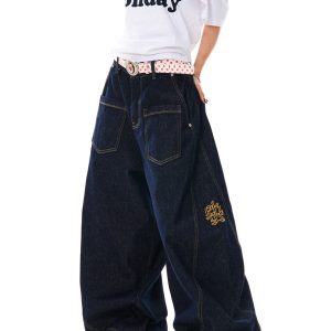 Deconstructed Gothic Embroidered Wide-Leg Jeans for Women - Loose Fit, Floor-Length American Style, Slimming Curved Blade Design