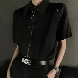 Deconstructed Metal Design Shoulder Pad Shirt for Men and Women - High-End Stylish Loose Zip Short Sleeve for Summer Fashion