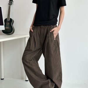 Deconstructed Tailored Casual Pants for Men and Women - Brown Rivet Design, Straight Loose Fit, Long Style, 90s Y2K Inspired