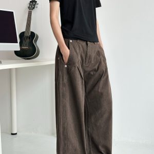 Deconstructed Tailored Casual Pants for Men and Women - Brown Rivet Design, Straight Loose Fit, Long Style, 90s Y2K Inspired