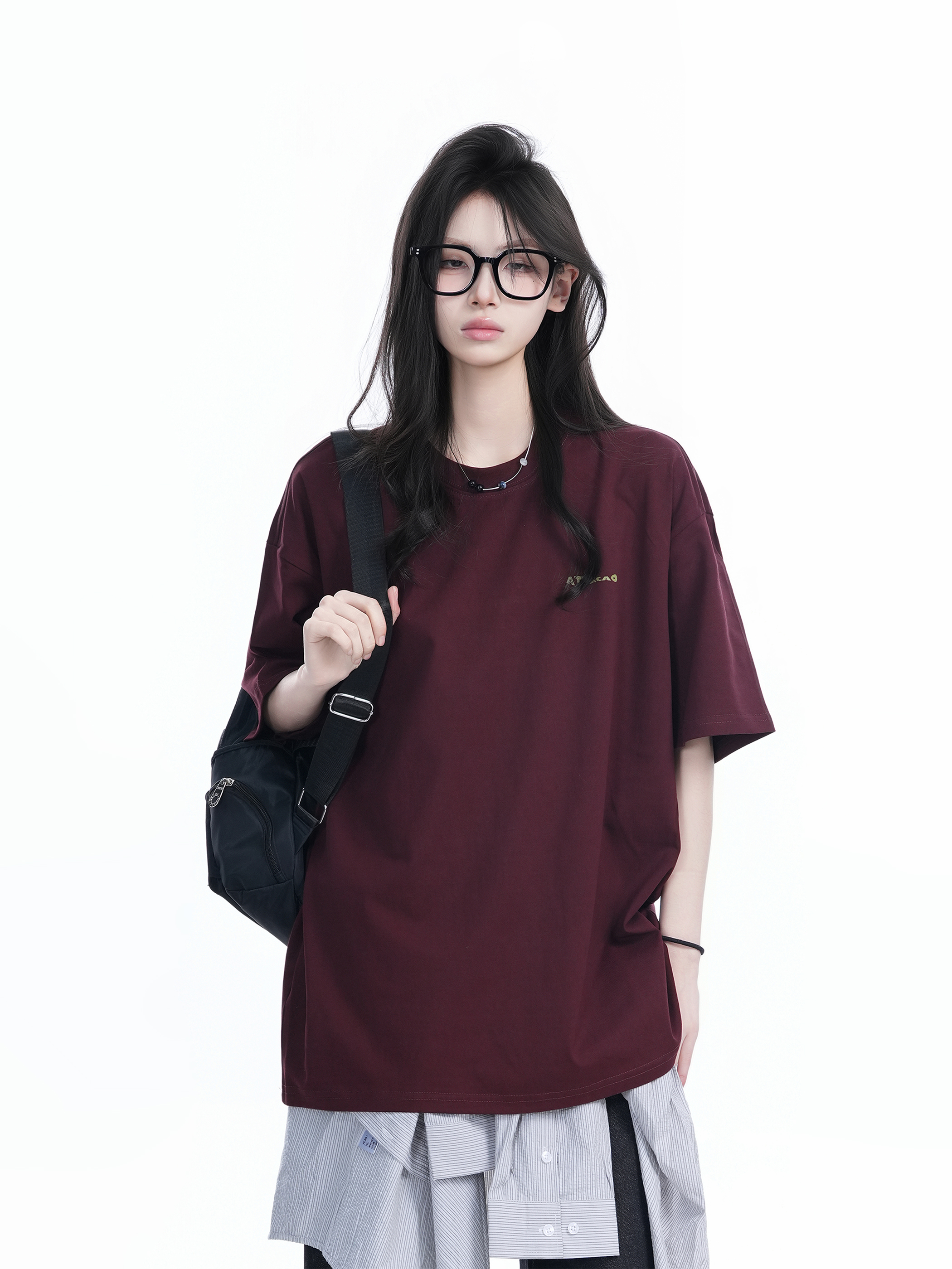 Deep Red Oversized Women’s T-Shirt with Round Neck, "Sit and Eat Until the Mountains Are Empty", American Retro Style, Short Sleeve