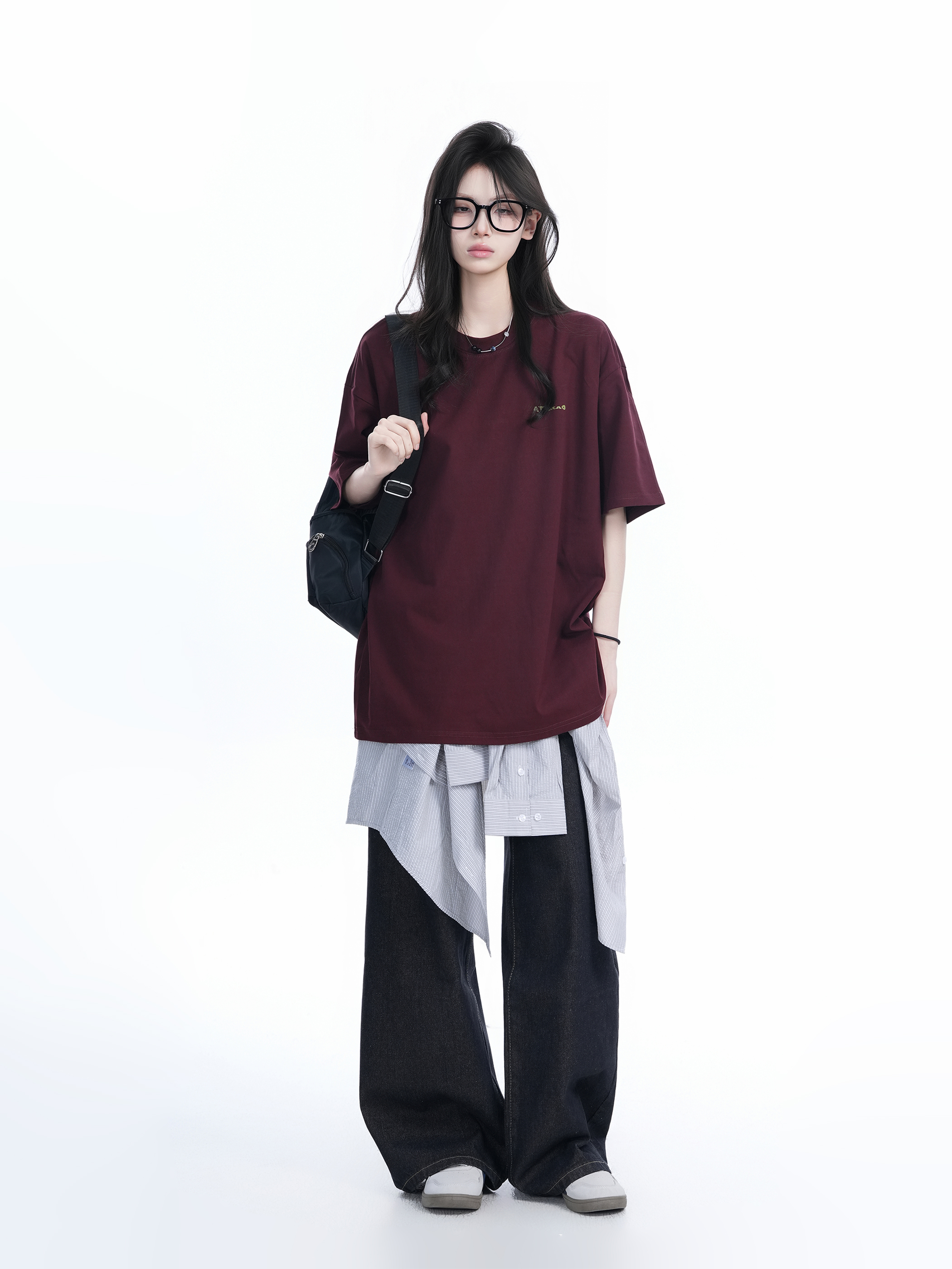 Deep Red Oversized Women’s T-Shirt with Round Neck, "Sit and Eat Until the Mountains Are Empty", American Retro Style, Short Sleeve
