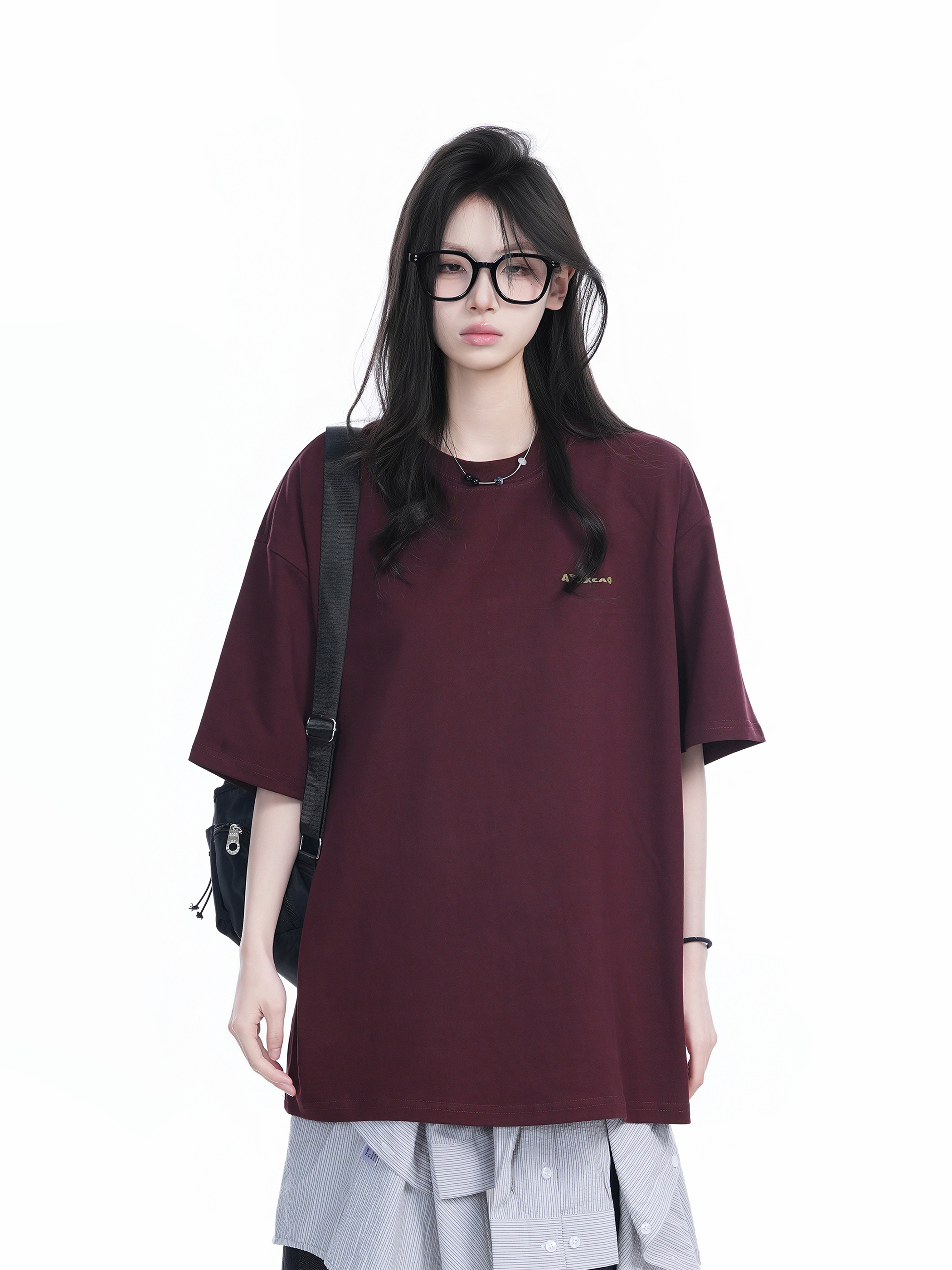 Deep Red Oversized Women’s T-Shirt with Round Neck, "Sit and Eat Until the Mountains Are Empty", American Retro Style, Short Sleeve