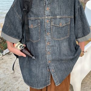 Distressed Denim Short Sleeve Shirt for Men and Women - Vintage Washed Loose Summer Top - Trendy 90s Style
