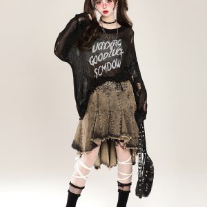 Distressed Hollow-Out Knitted Shirt for Women - American Style Loose Long Sleeve Sun Protection Cover-Up, Summer Lazy Trend