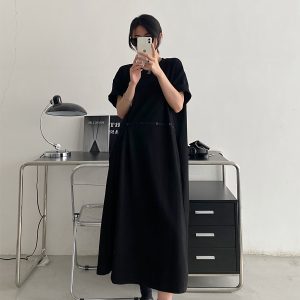 Elegant Black Button Dress for Women - Spring Summer Waist-Cinching Split Short Sleeve T-Shirt Style, Casual Grapefruit Design