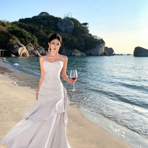 Elegant Mermaid Blue Fishtail Dress for Women - Summer Goddess Waist-Cinching Slim Fit Spaghetti Strap - High-End Fashion
