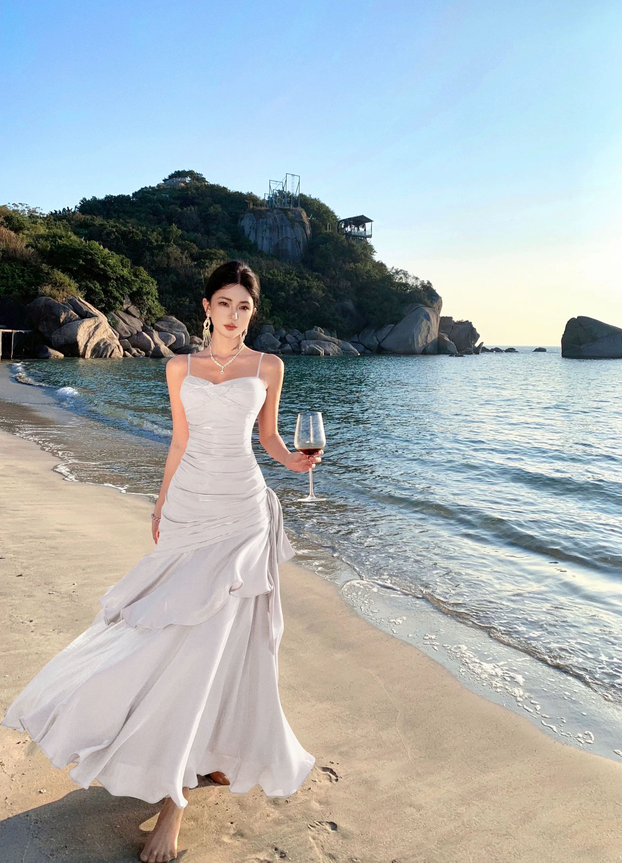 Elegant Mermaid Blue Fishtail Dress for Women - Summer Goddess Waist-Cinching Slim Fit Spaghetti Strap - High-End Fashion