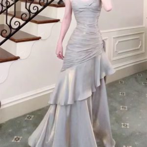Elegant Mermaid Blue Fishtail Dress for Women - Summer Goddess Waist-Cinching Slim Fit Spaghetti Strap - High-End Fashion
