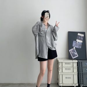 Elegant Women's Long Sleeve Tie-Dye Shirt in Sun Grapefruit with Lapel, Casual Loose Fit, Summer Sun-Protective Style