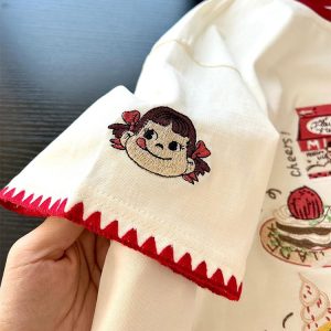 Embroidered Cartoon Milk Color Block Short Sleeve T-Shirt for Women - Trendy Apricot Patchwork Summer 2025 Style