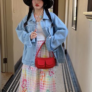 Embroidered Checkered Midi Skirt for Women - High-Waisted Plus Size, Spring 2025, Exquisite Long Skirt for Curvy Figures