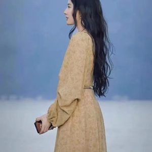 Floral V-Neck Dress for Women - Long Sleeve Printed 2025 Spring Style, Liu Yifei Inspired, Trendy Korean Fashion