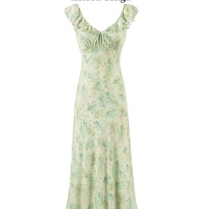 French Green Gradient V-Neck Dress for Women - Summer 2025 Long Vacation Style Dress, Trendy and Stylish