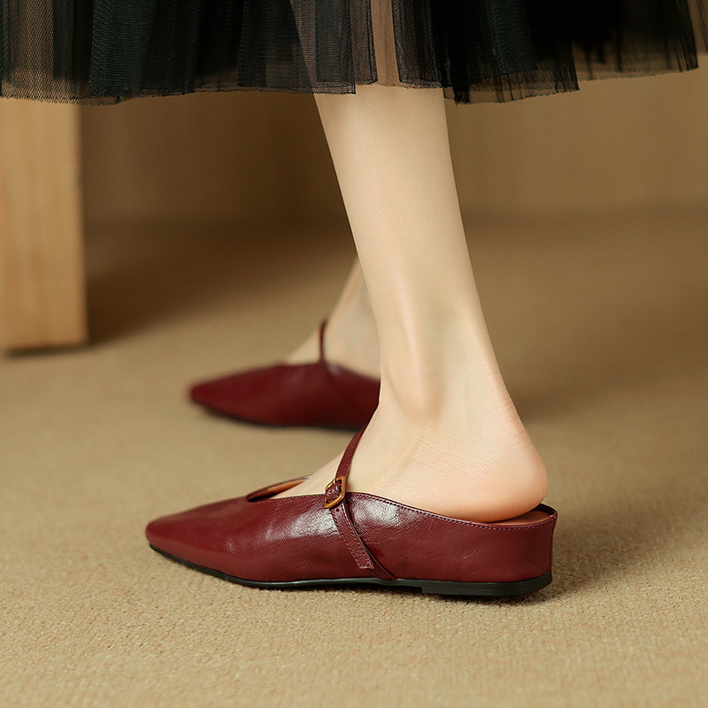French Retro Genuine Leather Height-Increasing Slip-On Mules for Women - Comfortable Flat-Toe Half Slippers