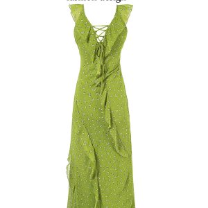 French Style Green Floral Spaghetti Strap Dress for Women - 2025 Summer Vacation Long Skirt with Diagonal Cut