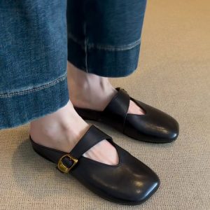 French Vintage Sheepskin Half Slippers for Women - Versatile Spring Flat Round-Toe Outdoor Slippers