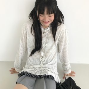 Freshwater Micro Long Lace Embroidered Sheer Striped Casual Layered Round Neck Loose Long Sleeve Top