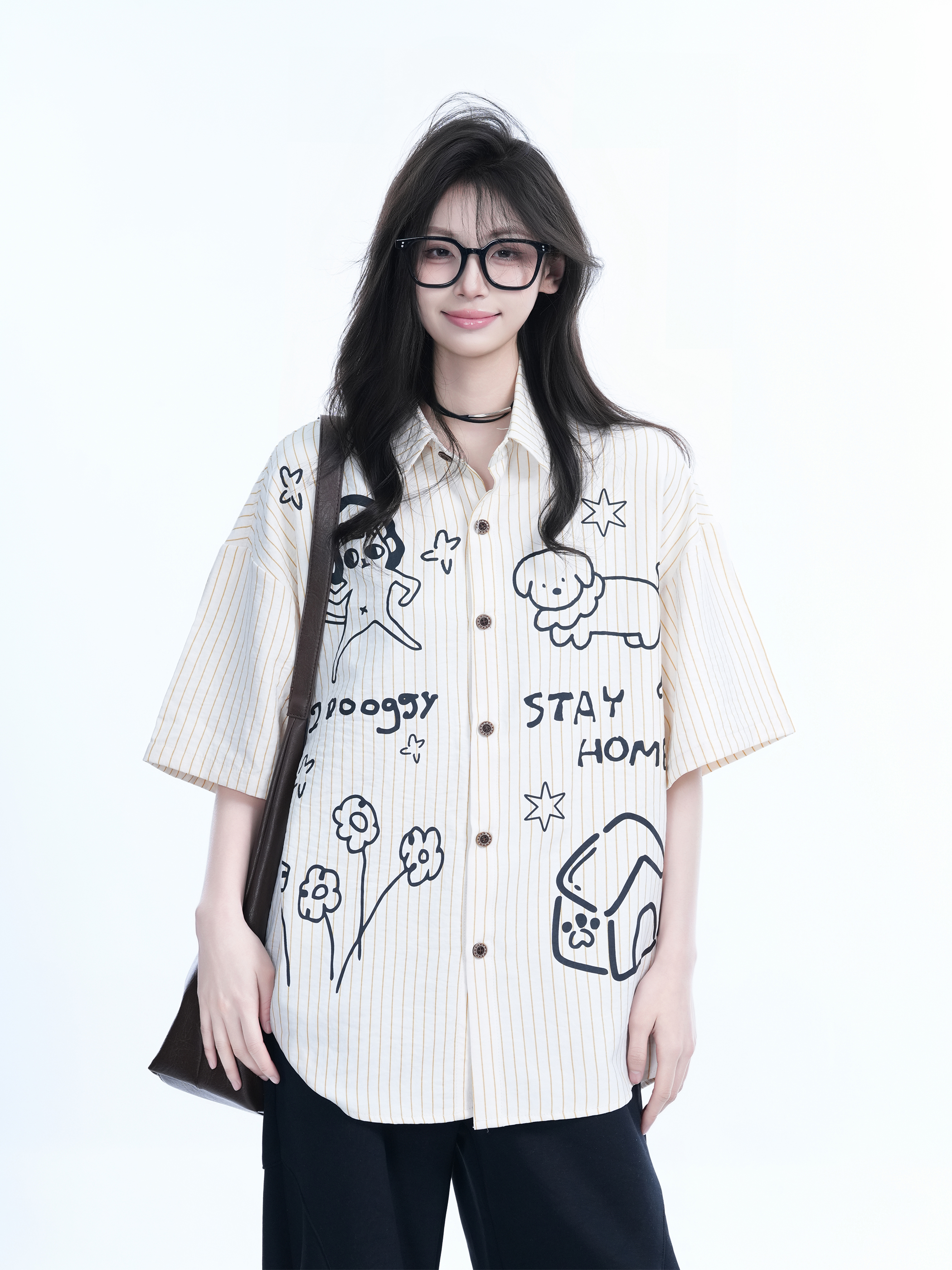 Fun Cartoon Doodle Dog Vertical Striped Short-Sleeve Shirt for Women, Loose Fit Trendy Top, Casual 90s Style
