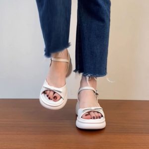 Genuine Leather Chunky Heel Open-Toe Sandals for Women, Thick Sole Roman Style Summer 2025, Sizes 41-43, Trendy Footwear