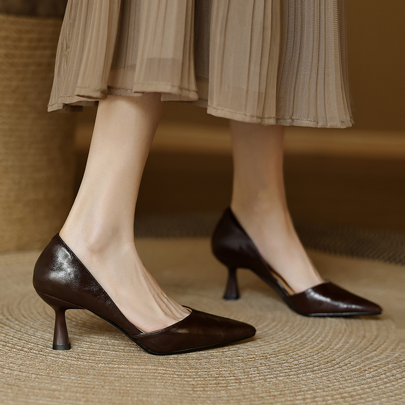 Genuine Leather French Vintage Pointed Toe High Heels for Women - Elegant Thin Heel Shallow Mouth Design