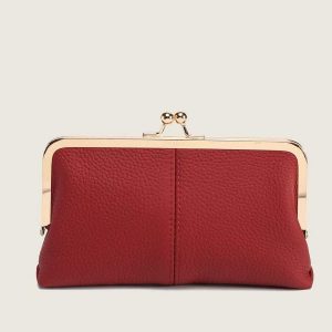 Genuine Leather Long Clutch Wallet - Minimalist Solid Color Clip Bag with High-End Metal Frame, Large Capacity Coin Purse for Women