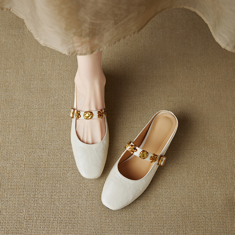 Genuine Leather Square Toe One-Strap Mule Slippers for Women - Summer 2025 Hidden Height Closed-Toe Fashion Footwear