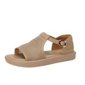 Genuine Leather T-Strap Open-Toe Flat Roman Sandals for Women - Summer 2025 Soft Bottom Hole Design, Trendy Casual Footwear